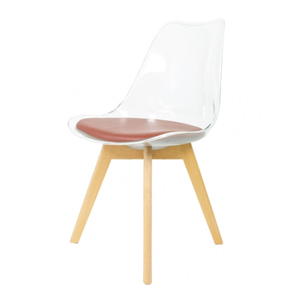 Soho Clear and Chocolate Plastic Dining Chair with Squared Light Wood Legs