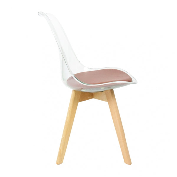 Soho Clear and Chocolate Plastic Dining Chair with Squared Light Wood Legs