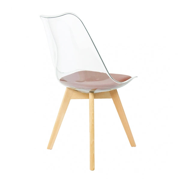 Soho Clear and Chocolate Plastic Dining Chair with Squared Light Wood Legs