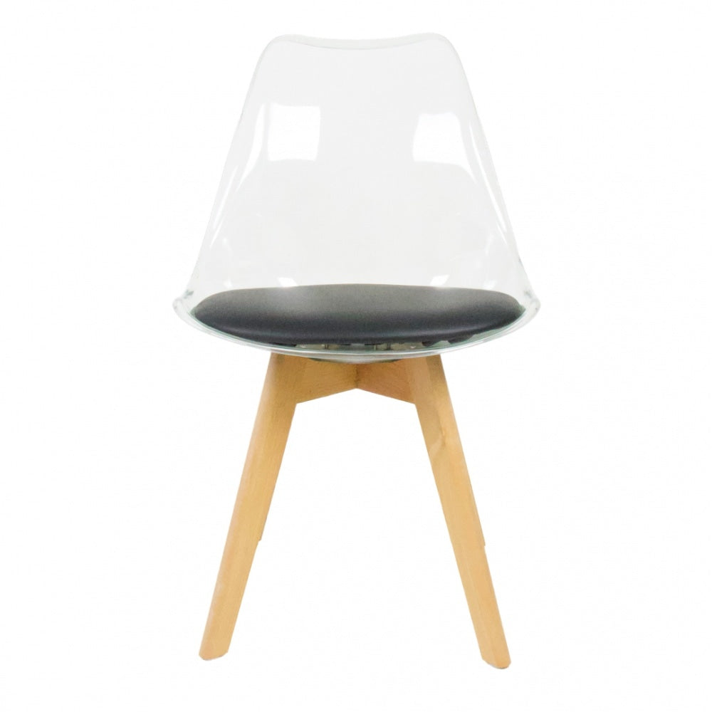 Soho Clear and Black Plastic Dining Chair with Squared Light Wood Legs