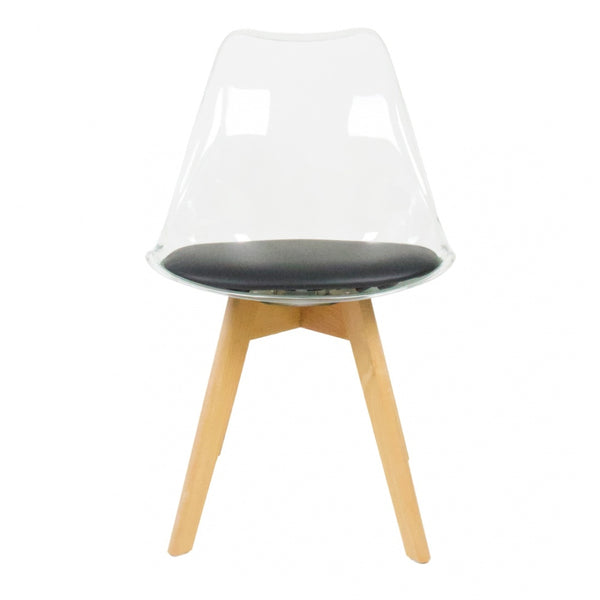 Soho Clear and Black Plastic Dining Chair with Squared Light Wood Legs