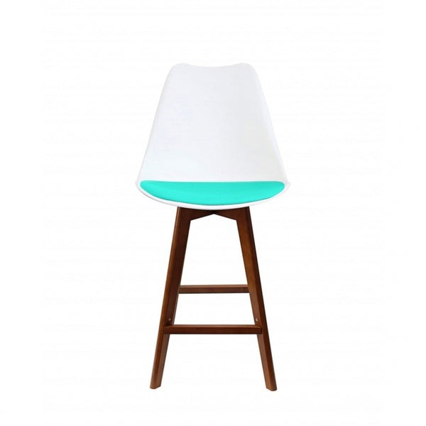 Soho White and Aqua Plastic Bar Stool with Dark Wood Legs