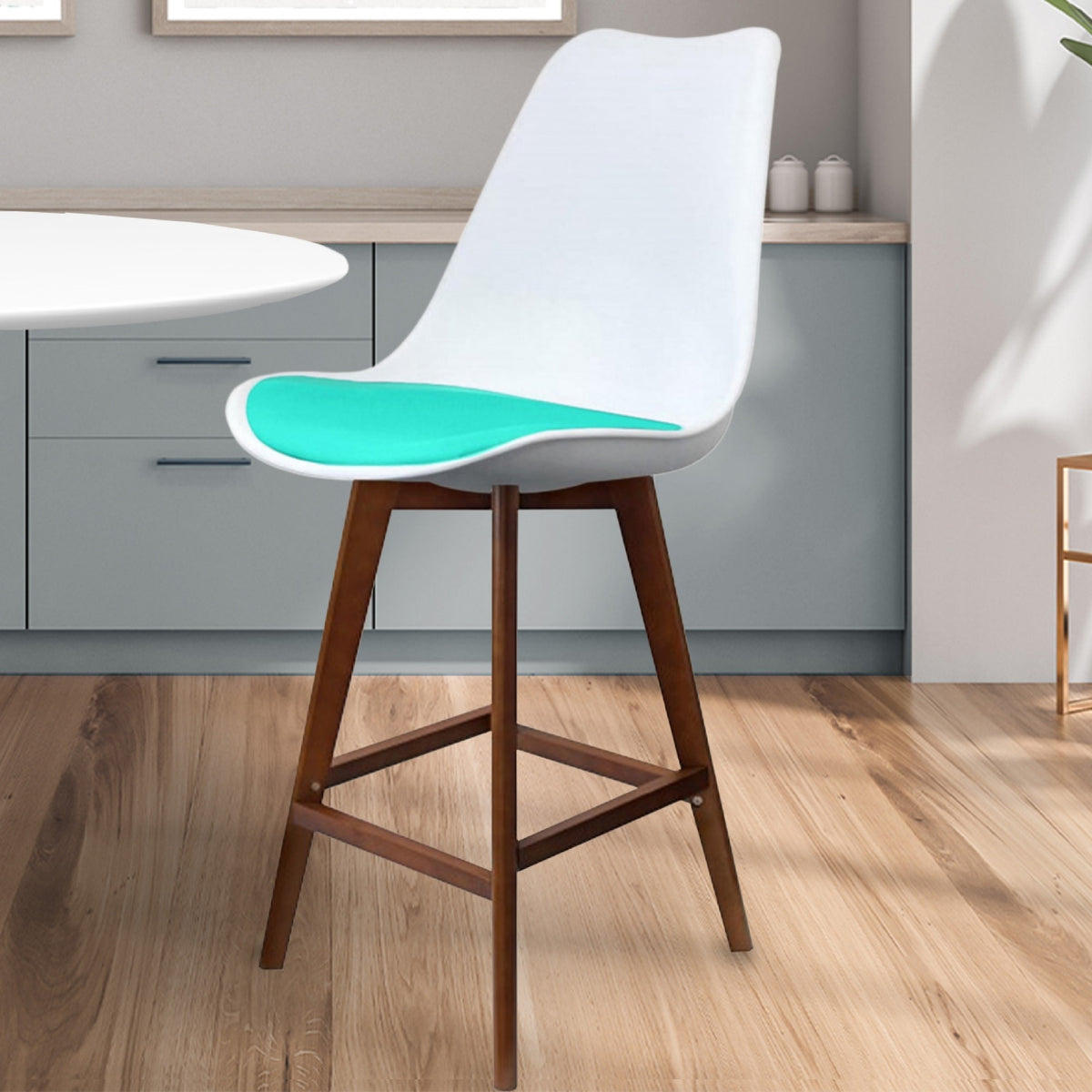 Soho White and Aqua Plastic Bar Stool with Dark Wood Legs
