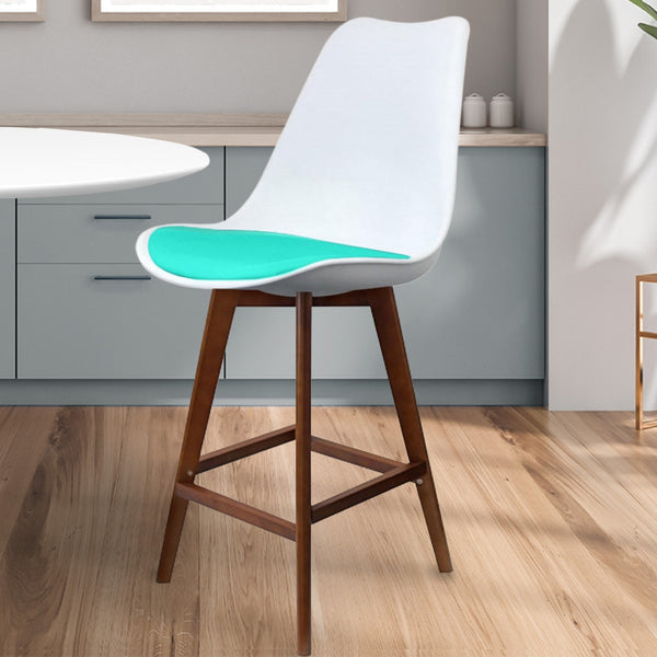 Soho White and Aqua Plastic Bar Stool with Dark Wood Legs