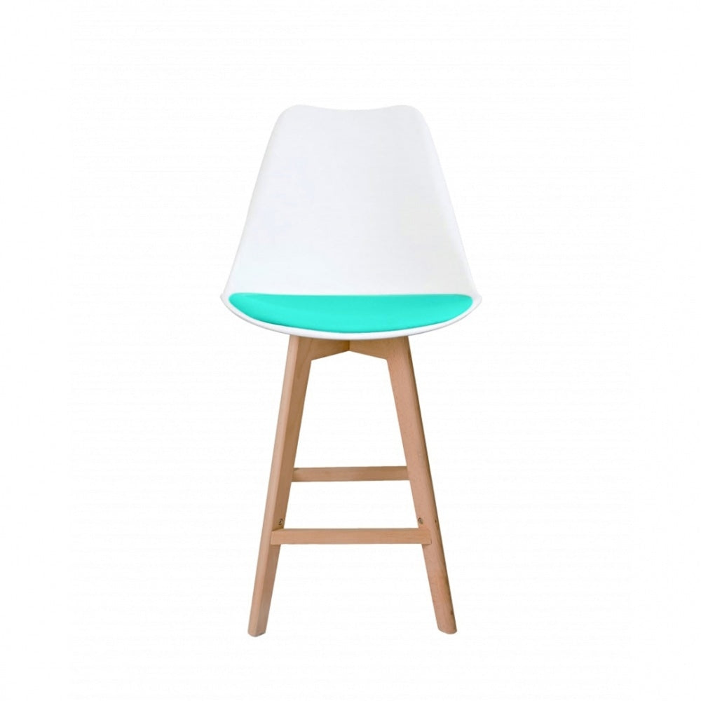 Soho White and Aqua Plastic Bar Stool with Light Wood Legs