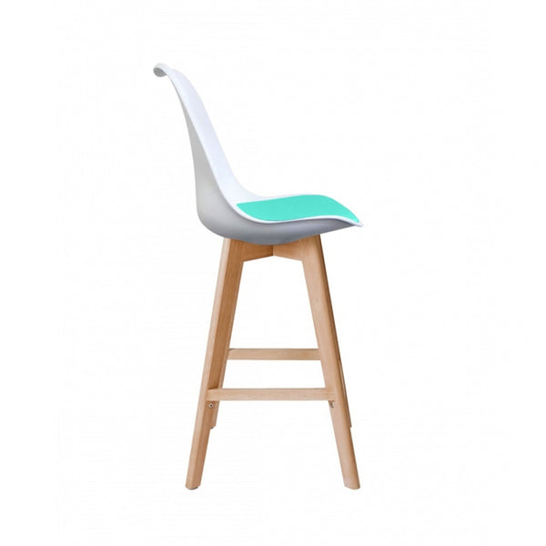 Soho White and Aqua Plastic Bar Stool with Light Wood Legs