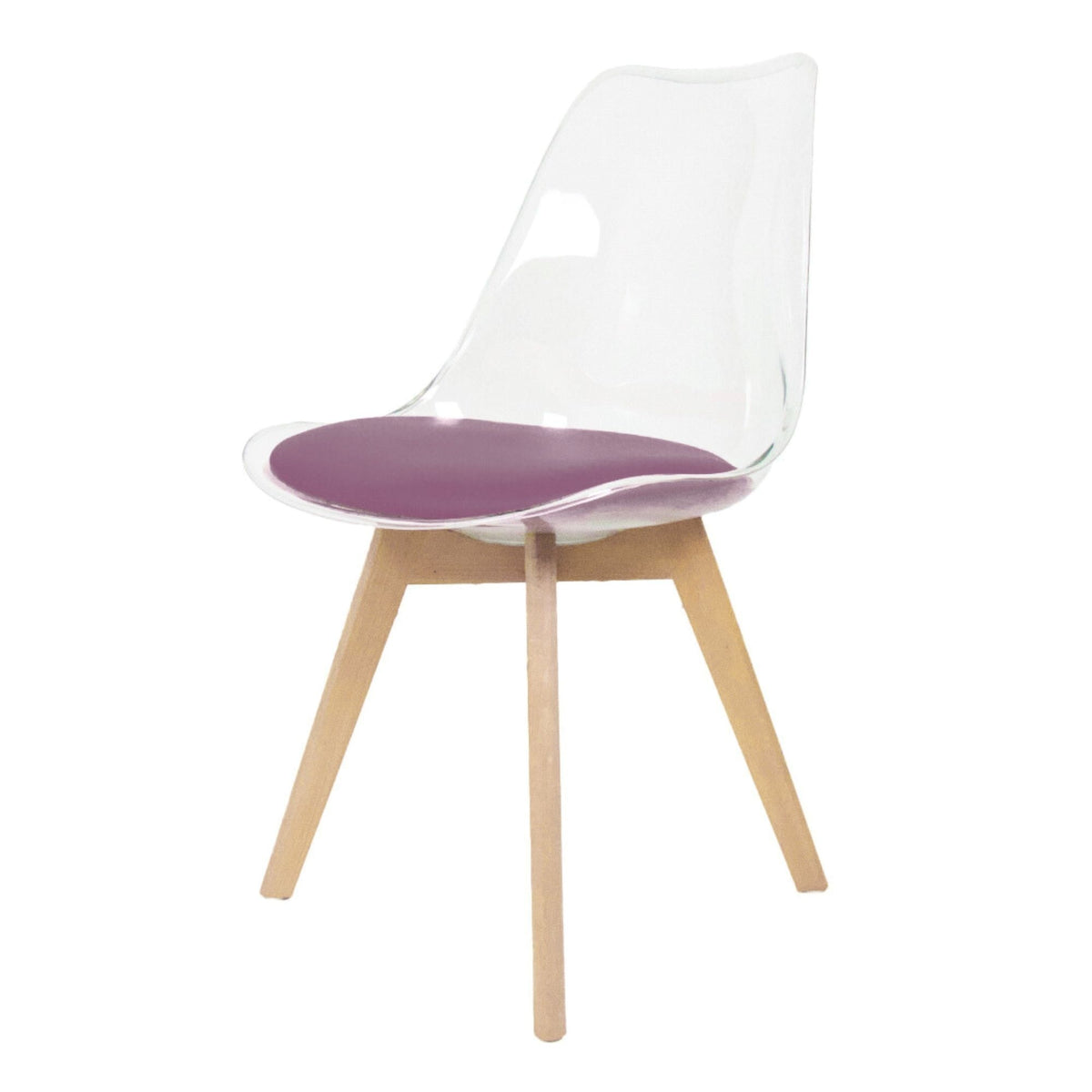 Soho Clear and Aubergine Plastic Dining Chair with Squared Light Wood Legs