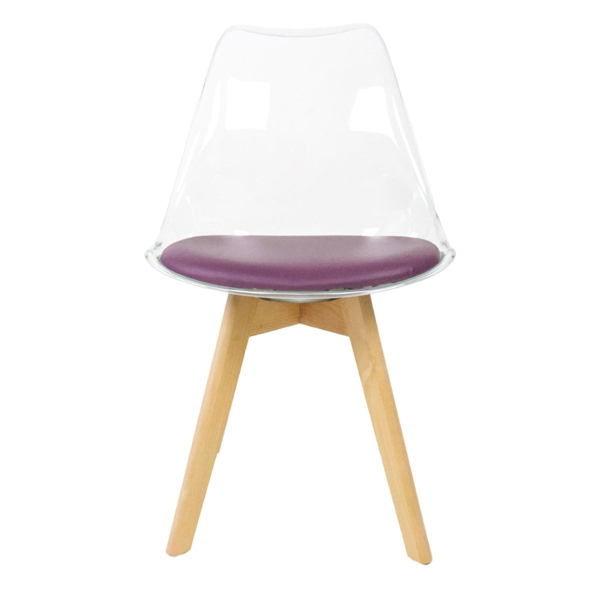 Soho Clear and Aubergine Plastic Dining Chair with Squared Light Wood Legs