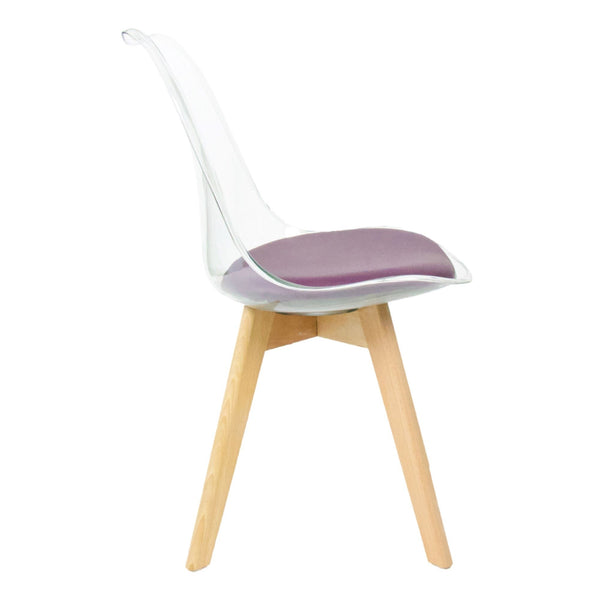 Soho Clear and Aubergine Plastic Dining Chair with Squared Light Wood Legs