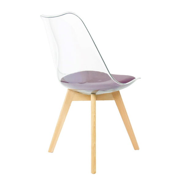 Soho Clear and Aubergine Plastic Dining Chair with Squared Light Wood Legs