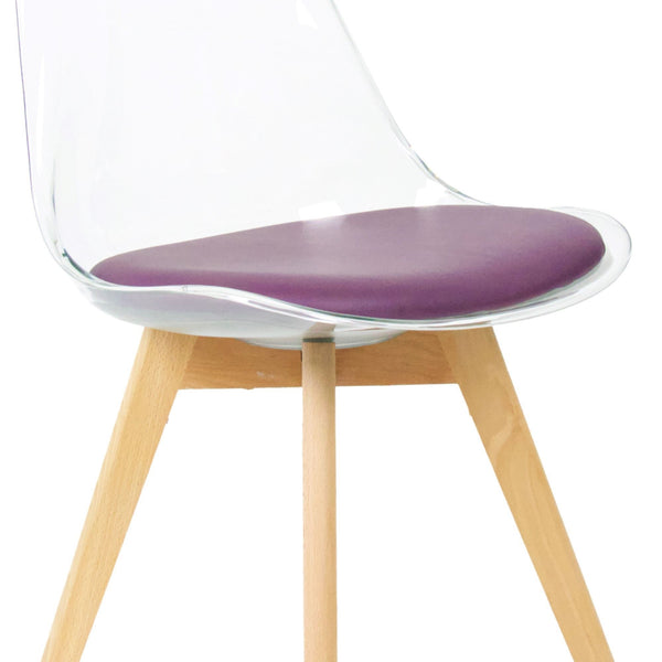 Soho Clear and Aubergine Plastic Dining Chair with Squared Light Wood Legs