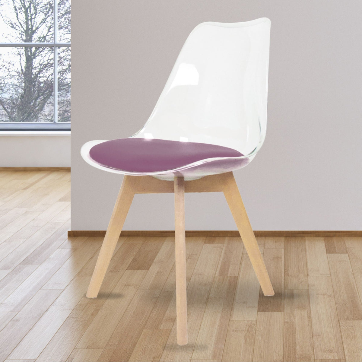 Soho Clear and Aubergine Plastic Dining Chair with Squared Light Wood Legs