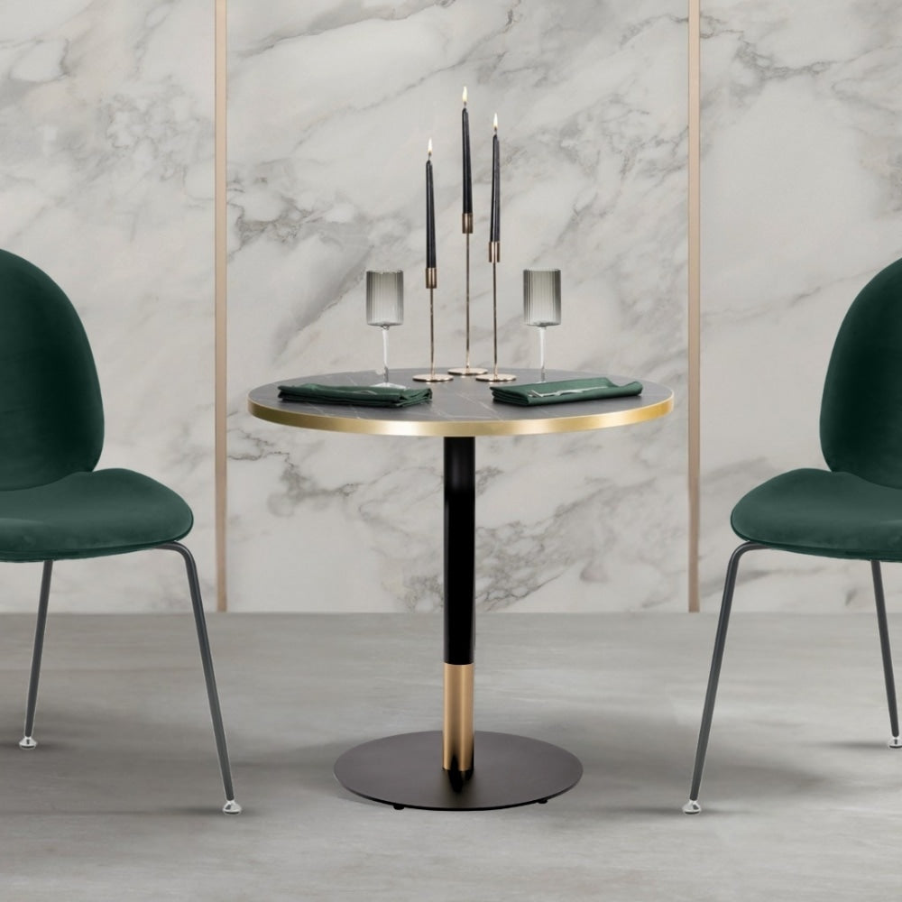 Omega Black Marble Laminate table top with Boston sleek Black and Gold base - Various sizes
