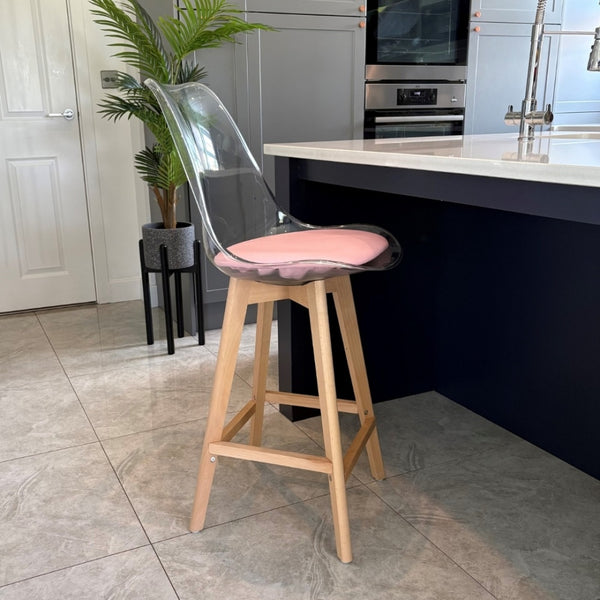 Soho Clear and Blush Pink Plastic Bar Stool with Light Wood Legs