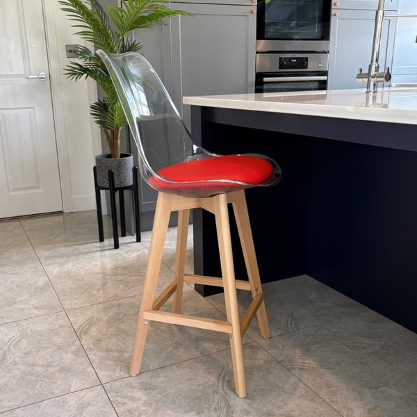 Soho Clear and Red Plastic Bar Stool with Light Wood Legs