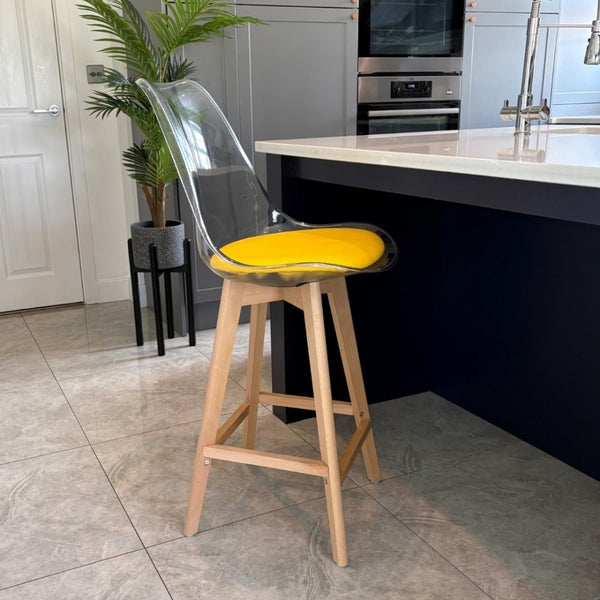 Soho Clear and Yellow Plastic Bar Stool with Light Wood Legs