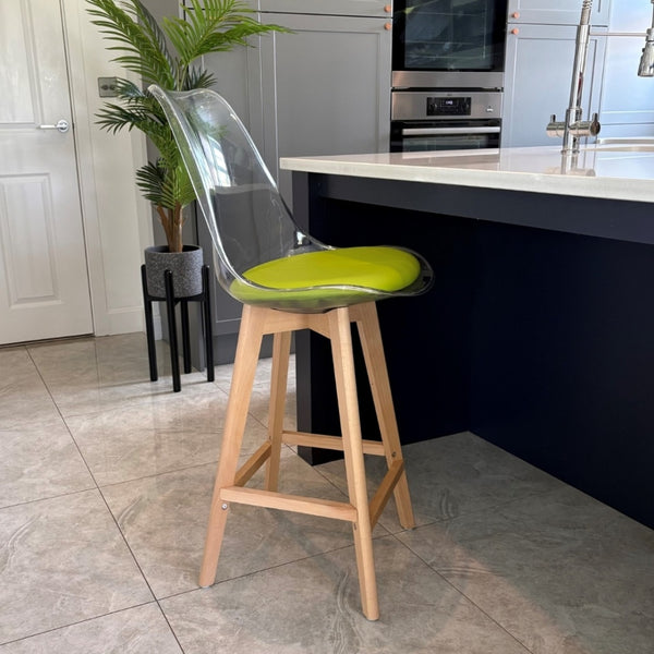 Soho Clear and Green Plastic Bar Stool with Light Wood Legs