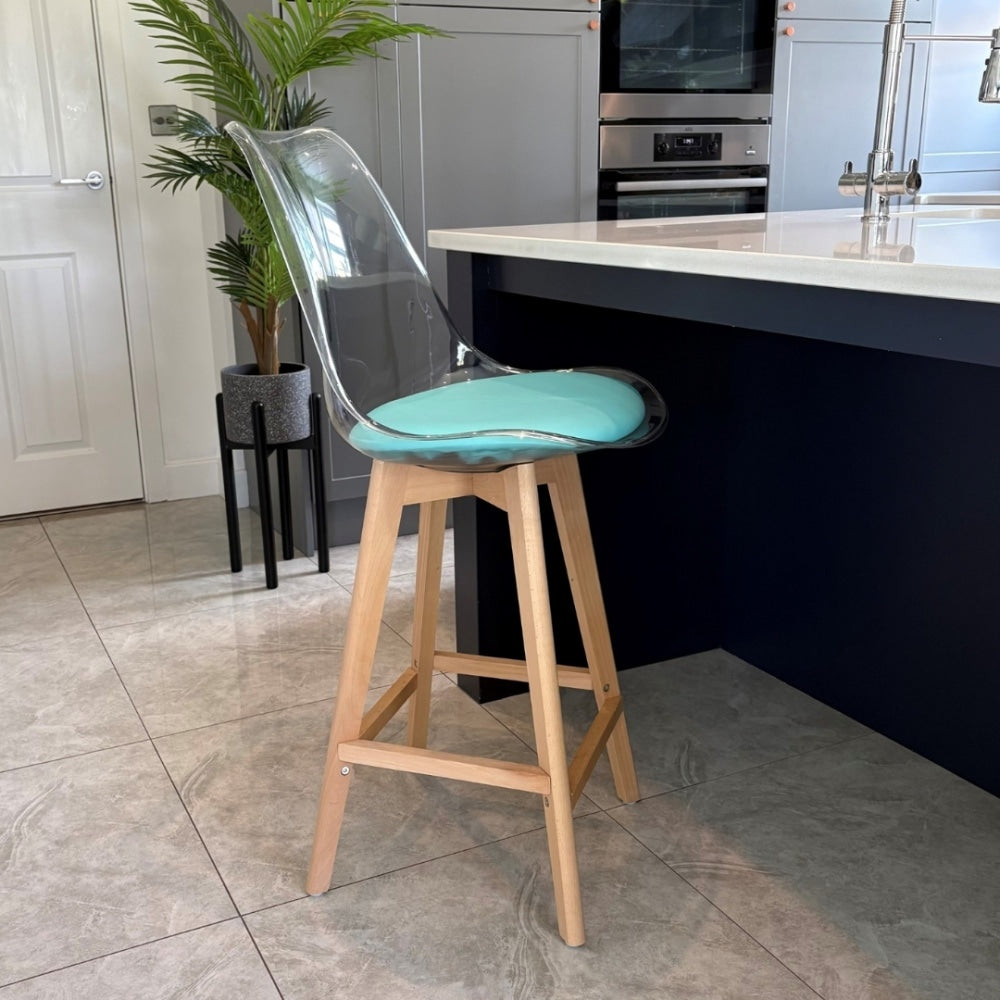 Soho Clear and Aqua Plastic Bar Stool with Light Wood Legs