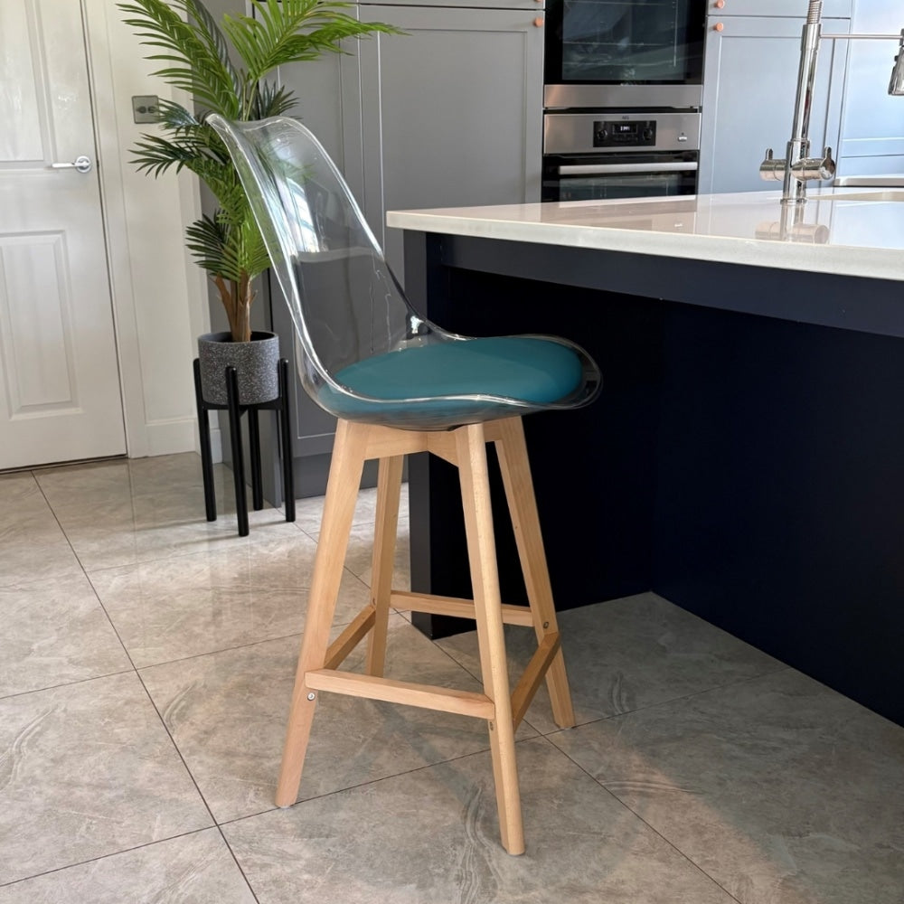 Soho Clear and Teal Plastic Bar Stool with Light Wood Legs