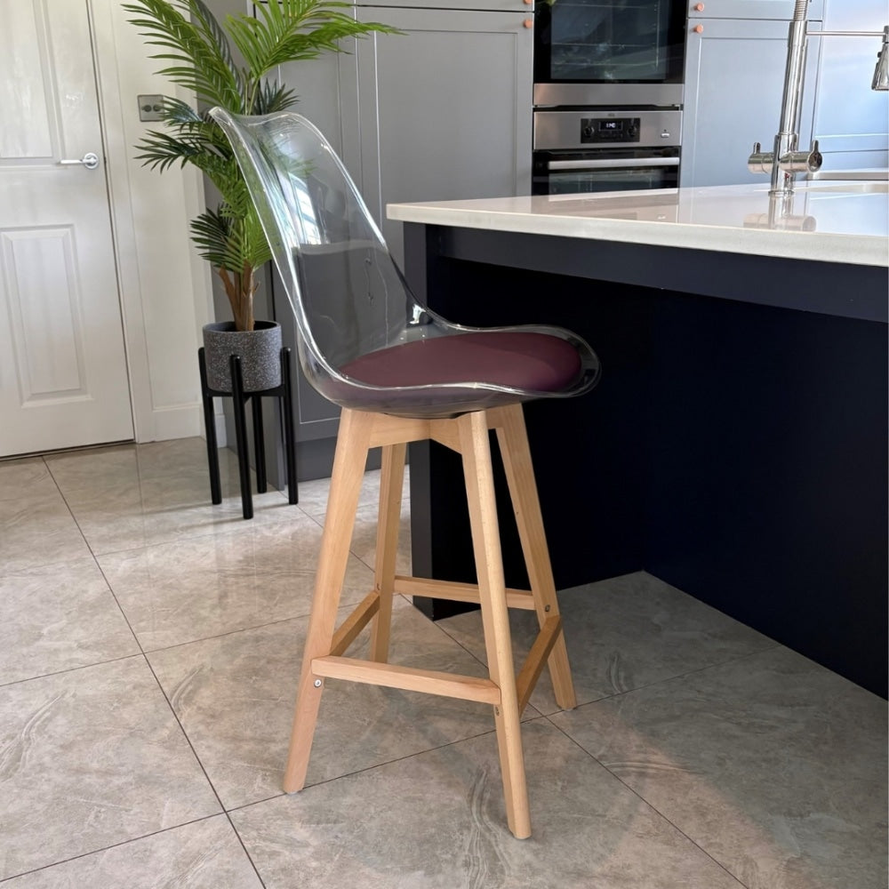 Soho Clear and Aubergine Plastic Bar Stool with Light Wood Legs