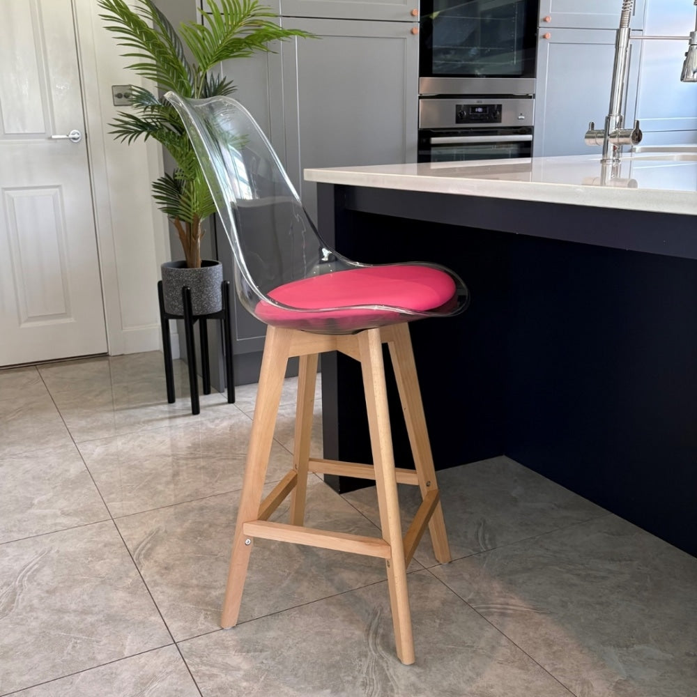Soho Clear and Bright Pink Plastic Bar Stool with Light Wood Legs