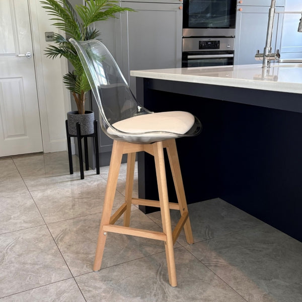 Soho Clear and Vanilla Plastic Bar Stool with Light Wood Legs