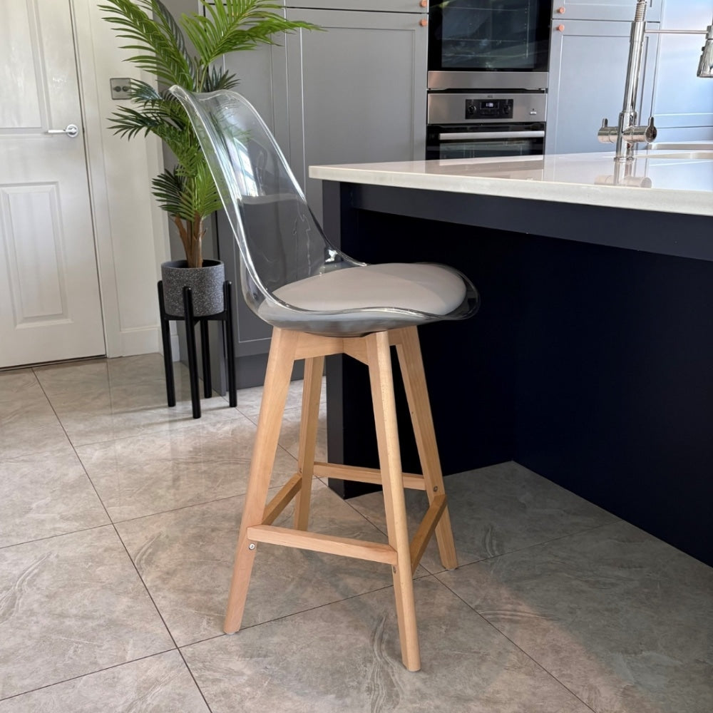 Soho Clear and Light Grey Plastic Bar Stool with Light Wood Legs