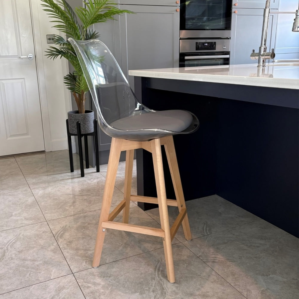 Soho Clear and Dark Grey Plastic Bar Stool with Light Wood Legs