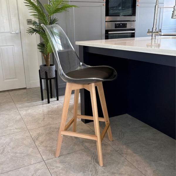 Soho Clear and Black Plastic Bar Stool with Light Wood Legs