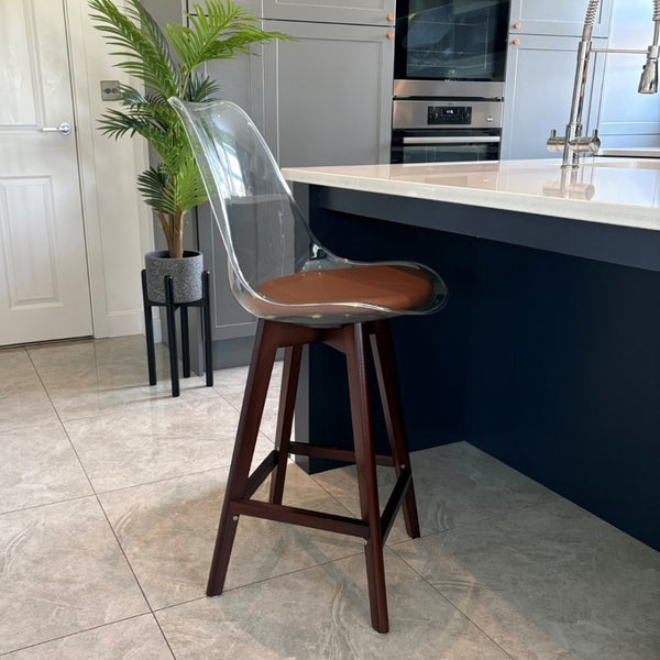 Soho Clear and Chocolate Plastic Bar Stool with Dark Wood Legs