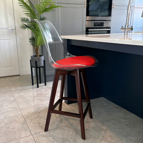 Soho Clear and Red Plastic Bar Stool with Dark Wood Legs