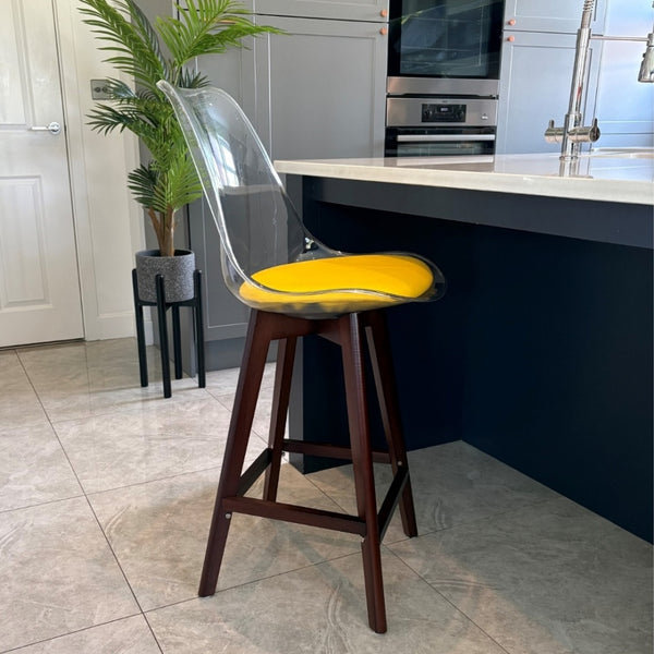 Soho Clear and Yellow Plastic Bar Stool with Dark Wood Legs