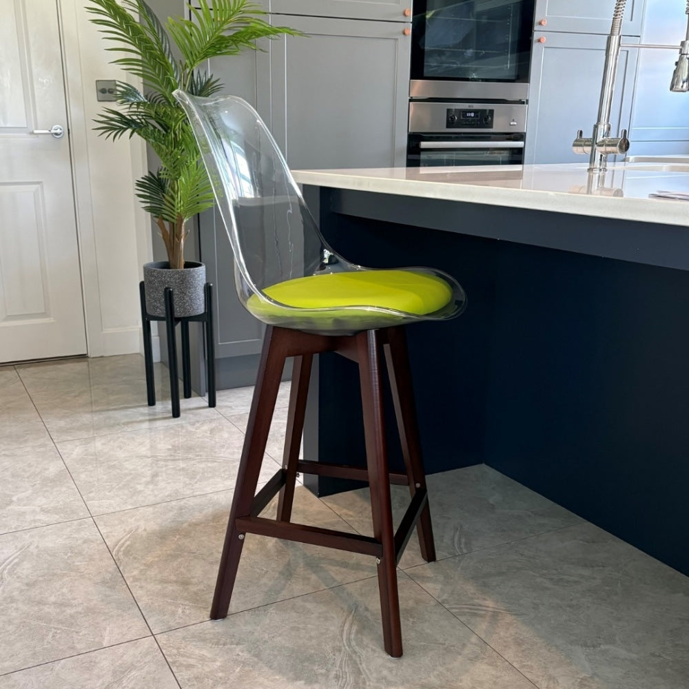 Soho Clear and Green Plastic Bar Stool with Dark Wood Legs