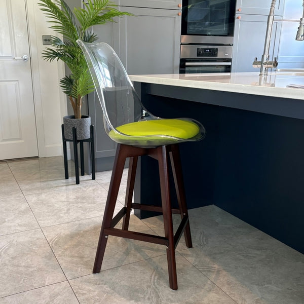 Soho Clear and Green Plastic Bar Stool with Dark Wood Legs