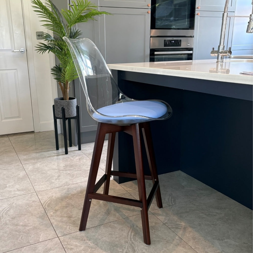 Soho Clear and Blue Plastic Bar Stool with Dark Wood Legs