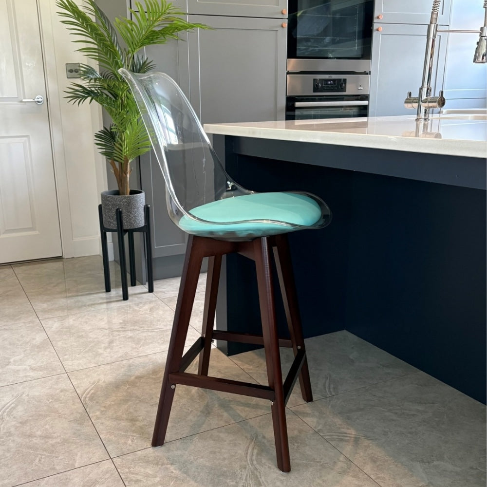 Soho Clear and Aqua Plastic Bar Stool with Dark Wood Legs
