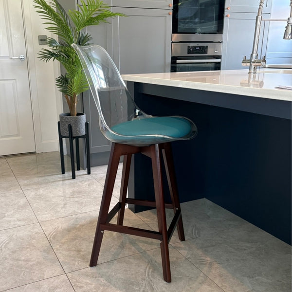Soho Clear and Teal Plastic Bar Stool with Dark Wood Legs