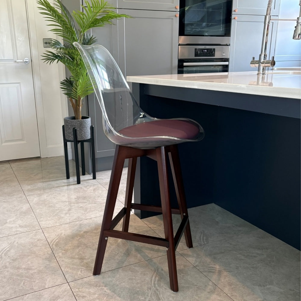 Soho Clear and Aubergine Plastic Bar Stool with Dark Wood Legs