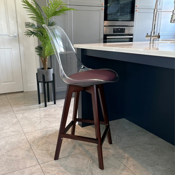 Soho Clear and Aubergine Plastic Bar Stool with Dark Wood Legs