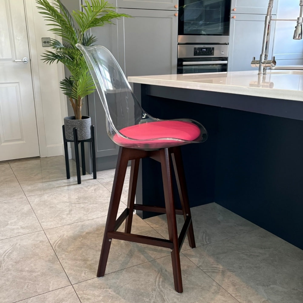 Soho Clear and Bright Pink Plastic Bar Stool with Dark Wood Legs