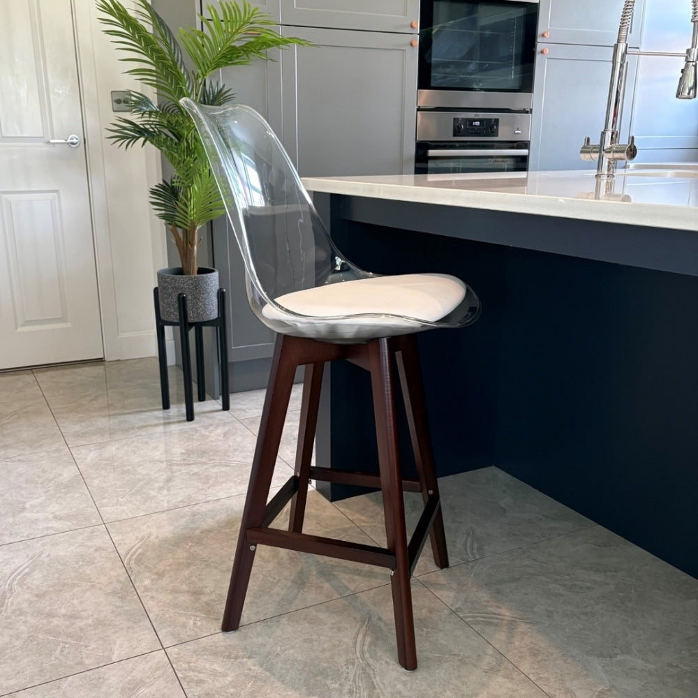 Soho Clear and White Plastic Bar Stool with Dark Wood Legs