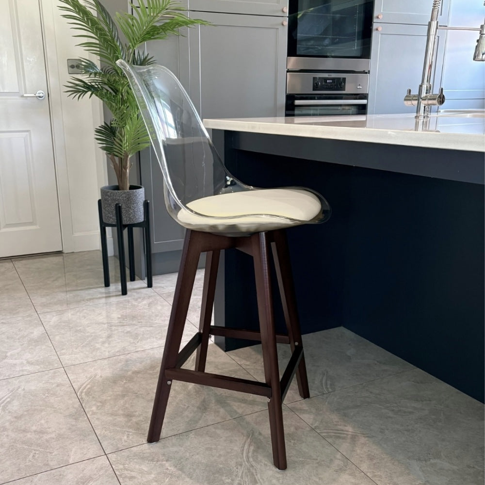 Soho Clear and Vanilla Plastic Bar Stool with Dark Wood Legs