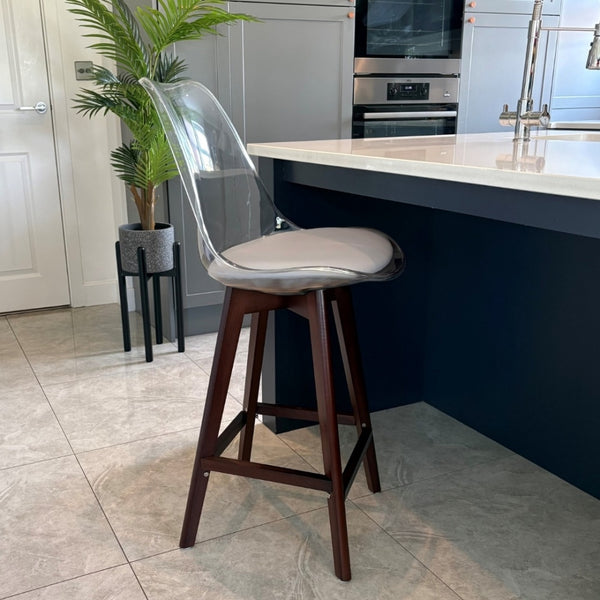 Soho Clear and Light Grey Plastic Bar Stool with Dark Wood Legs
