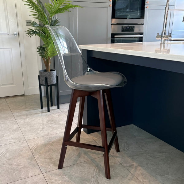 Soho Clear and Dark Grey Plastic Bar Stool with Dark Wood Legs