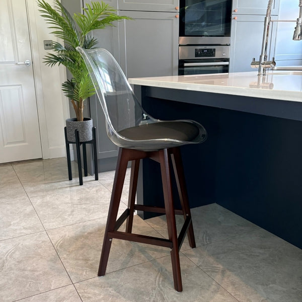 Soho Clear and Black Plastic Bar Stool with Dark Wood Legs