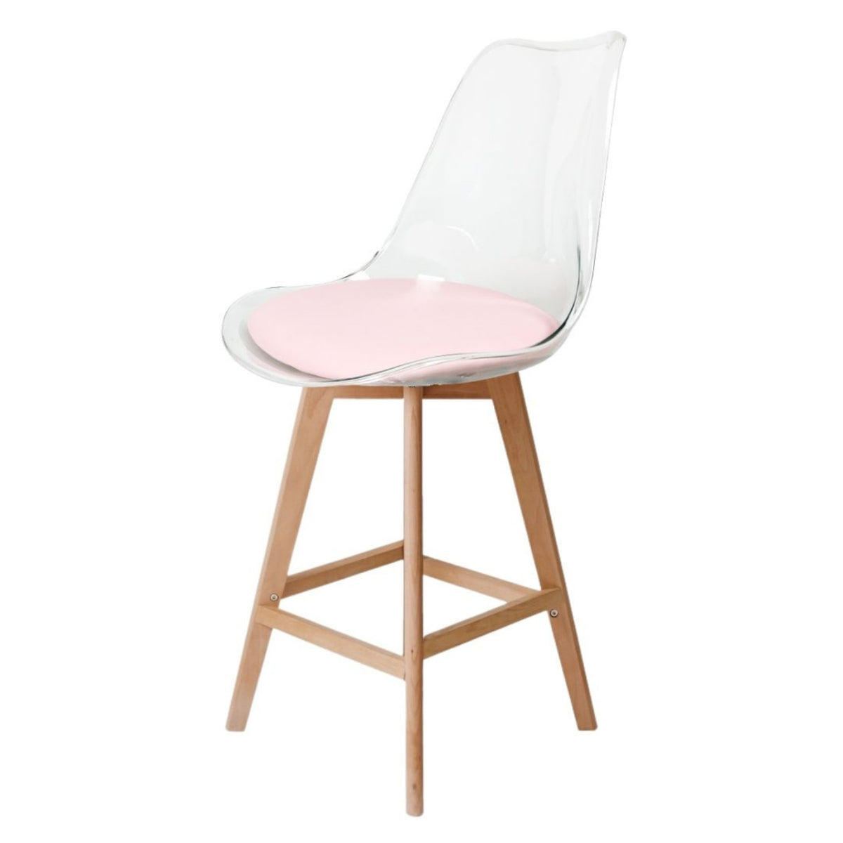 Soho Clear and Blush Pink Plastic Bar Stool with Light Wood Legs