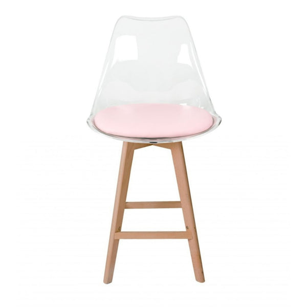 Soho Clear and Blush Pink Plastic Bar Stool with Light Wood Legs