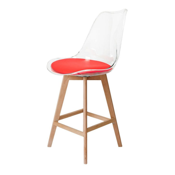 Soho Clear and Red Plastic Bar Stool with Light Wood Legs