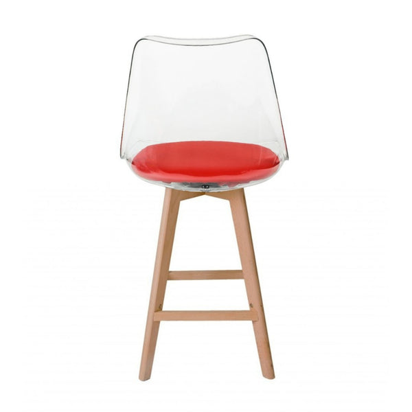 Soho Clear and Red Plastic Bar Stool with Light Wood Legs