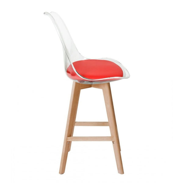 Soho Clear and Red Plastic Bar Stool with Light Wood Legs